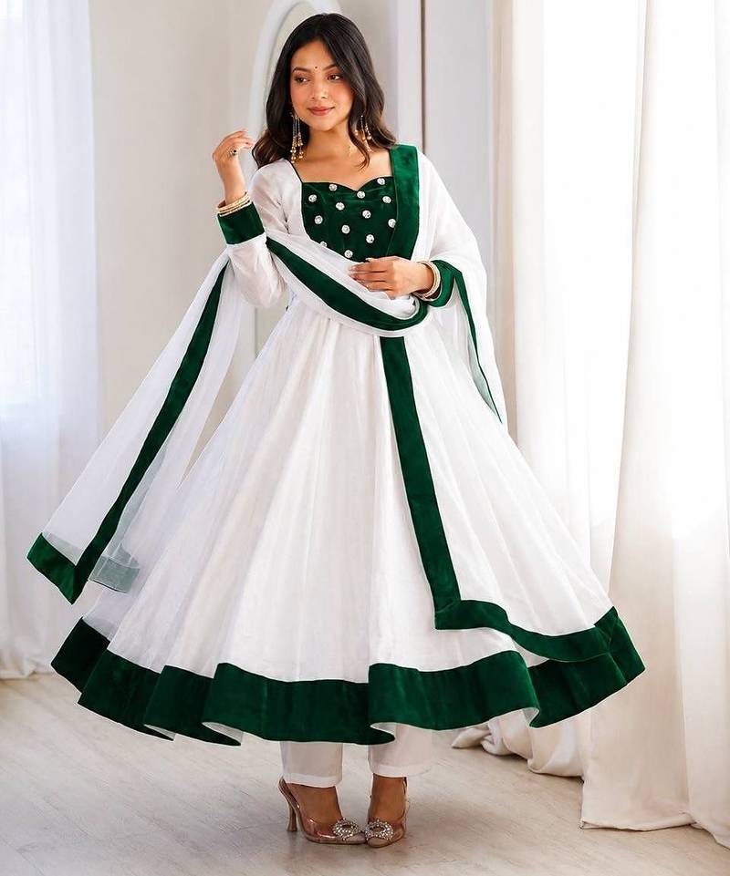 White silk blend embroidered flared gown set