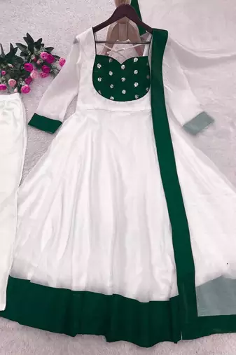 White silk blend embroidered flared gown set