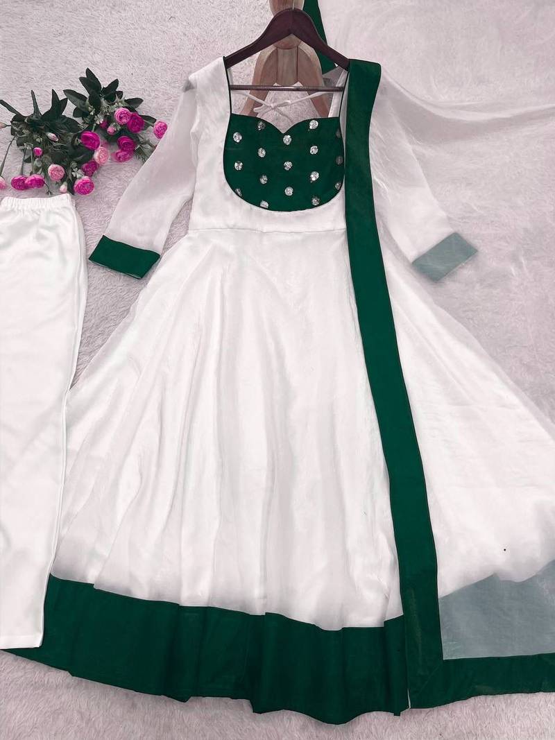 White silk blend embroidered flared gown set