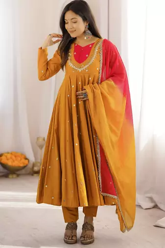 Mustard silk blend embroidered flared gown set