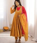 Mustard silk blend embroidered flared gown set