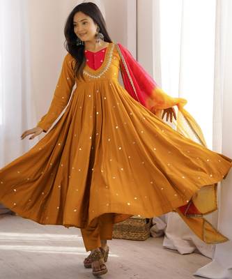 Mustard silk blend embroidered flared gown set 2