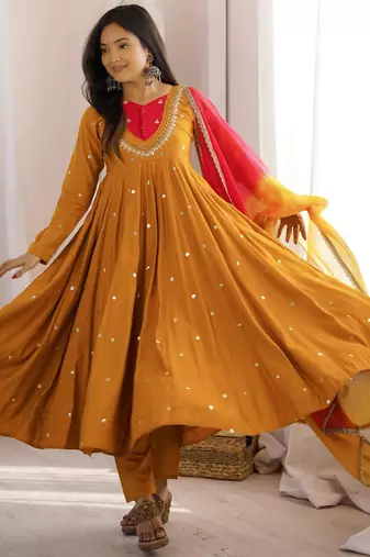 Mustard silk blend embroidered flared gown set
