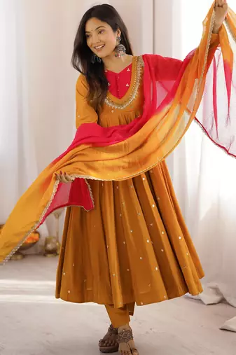 Mustard silk blend embroidered flared gown set
