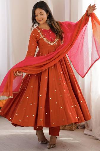 Dark-orange silk blend embroidered flared gown set