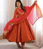 Dark-orange silk blend embroidered flared gown set