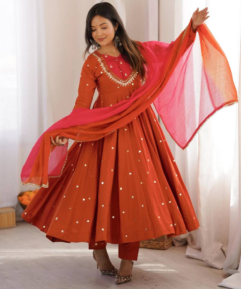 Dark-orange silk blend embroidered flared gown set
