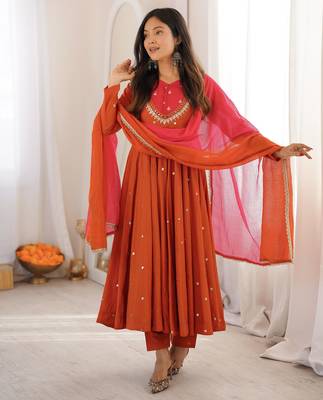 Dark-orange silk blend embroidered flared gown set 2