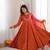 Dark-orange silk blend embroidered flared gown set