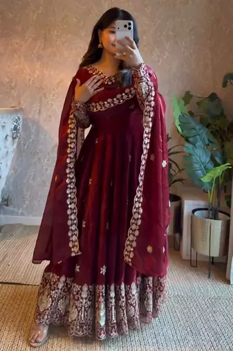 Maroon silk blend thread flared gown set