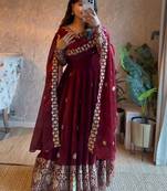 Maroon silk blend thread flared gown set