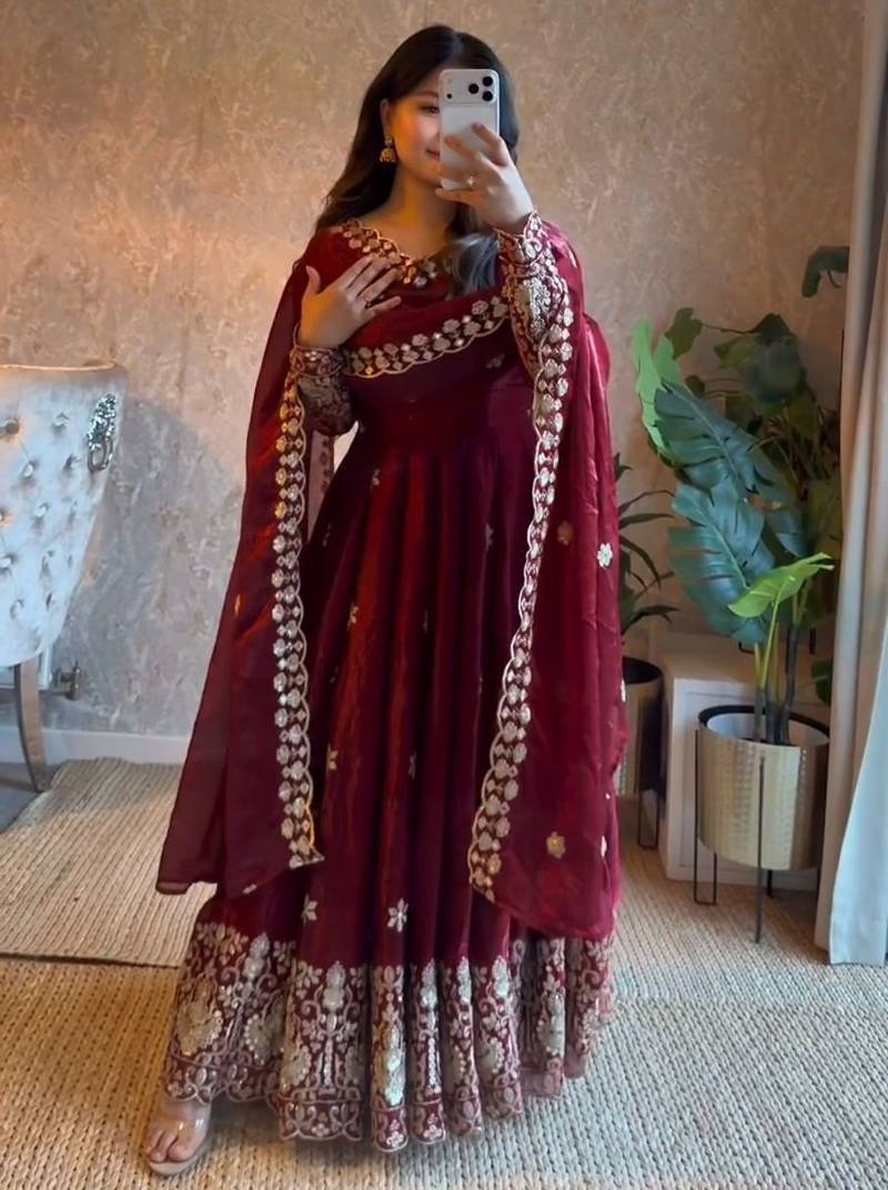 Maroon silk blend thread flared gown set