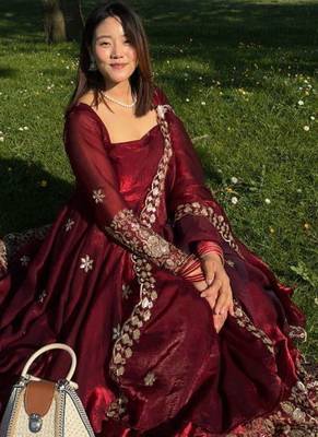 Maroon silk blend thread flared gown set 2