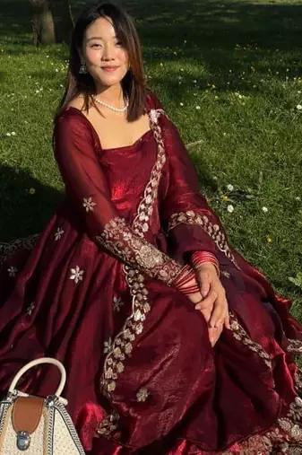 Maroon silk blend thread flared gown set