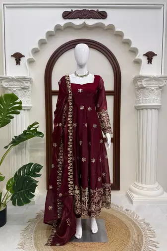 Maroon silk blend thread flared gown set