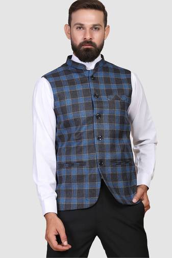 Men blue checks nehru jacket