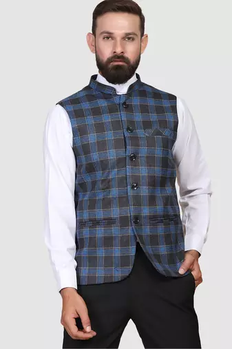 Men blue checks nehru jacket