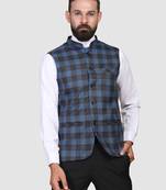 Men blue checks nehru jacket