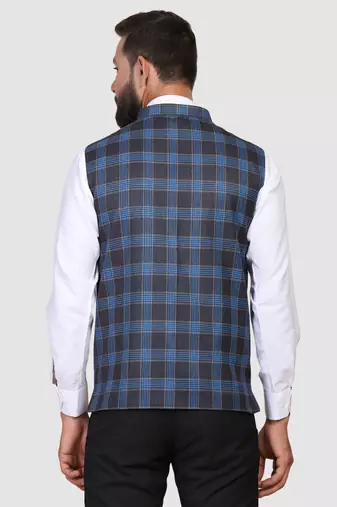 Men blue checks nehru jacket