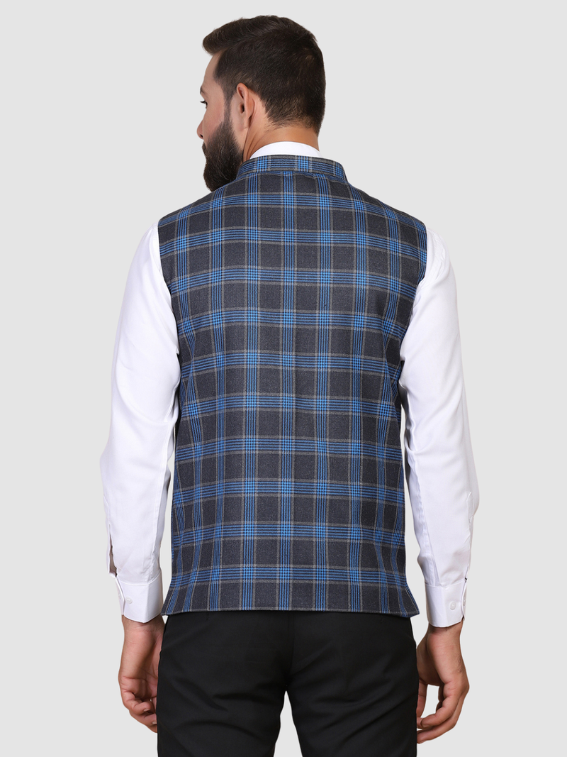 Men blue checks nehru jacket