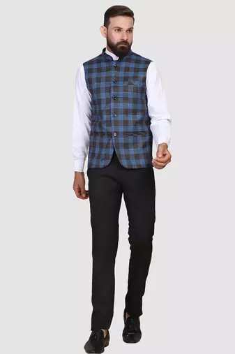 Men blue checks nehru jacket