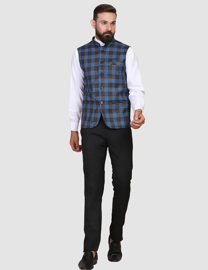 Men blue checks nehru jacket