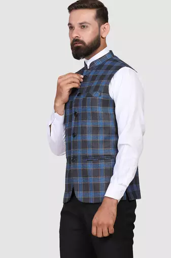 Men blue checks nehru jacket