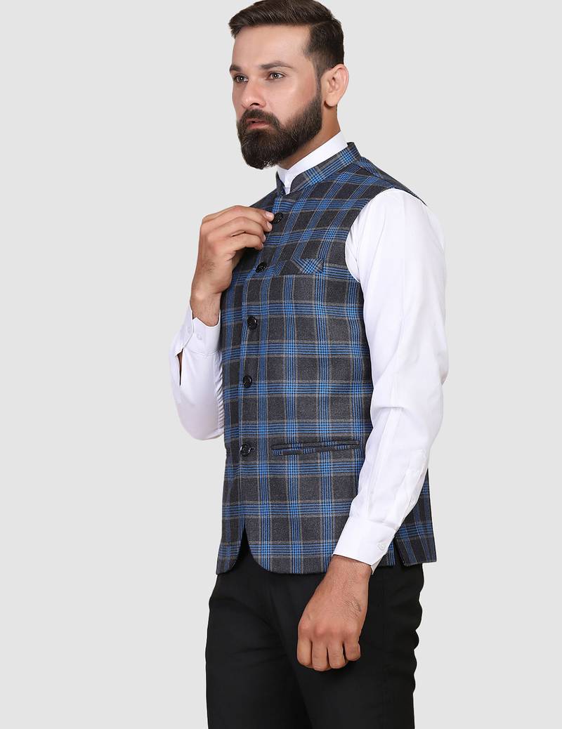 Men blue checks nehru jacket