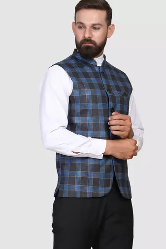 Men blue checks nehru jacket