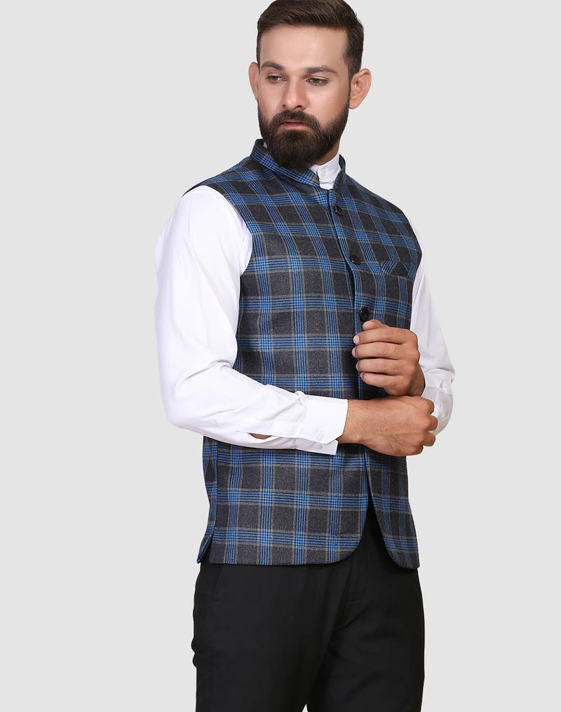 Men blue checks nehru jacket