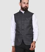 Men grey checks nehru jacket