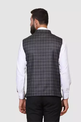 Men grey checks nehru jacket