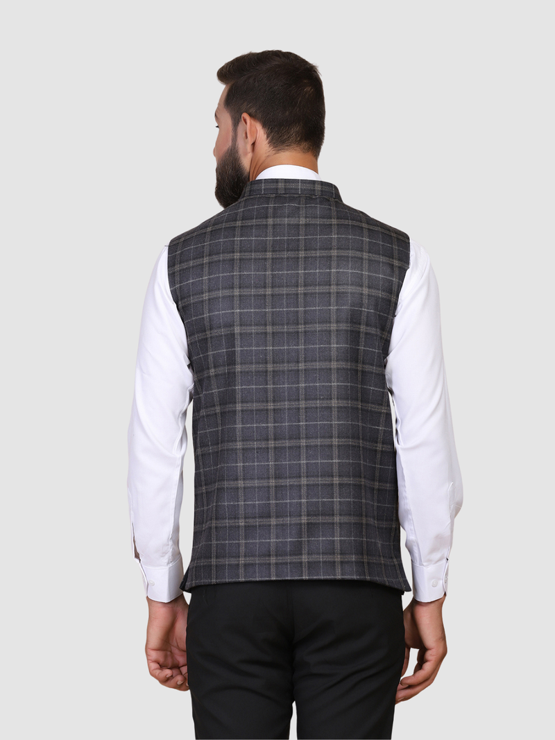 Men grey checks nehru jacket
