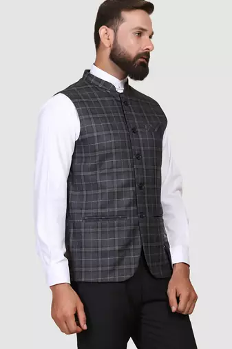 Men grey checks nehru jacket