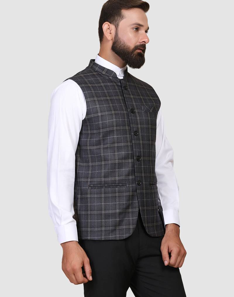 Men grey checks nehru jacket