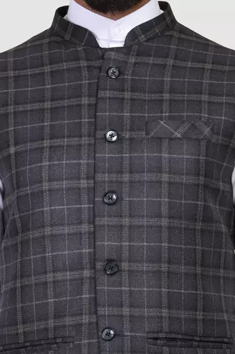 Men grey checks nehru jacket