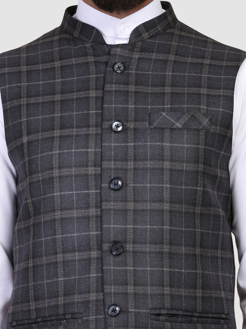 Men grey checks nehru jacket