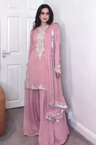 Pink faux georgette embroidered palazzo set