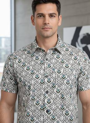 Green floral printed cotton shirt for men 2