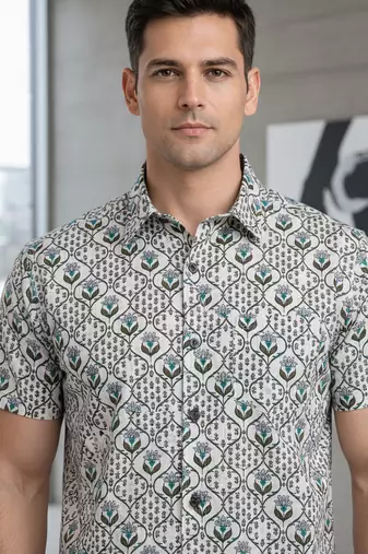 Green floral printed cotton shirt for men