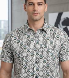 Green floral printed cotton shirt for men