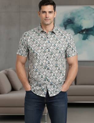 Green floral printed cotton shirt for men 3