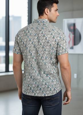 Green floral printed cotton shirt for men 4