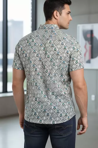 Green floral printed cotton shirt for men