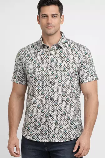 Green floral printed cotton shirt for men