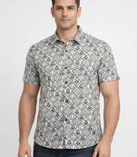 Green floral printed cotton shirt for men