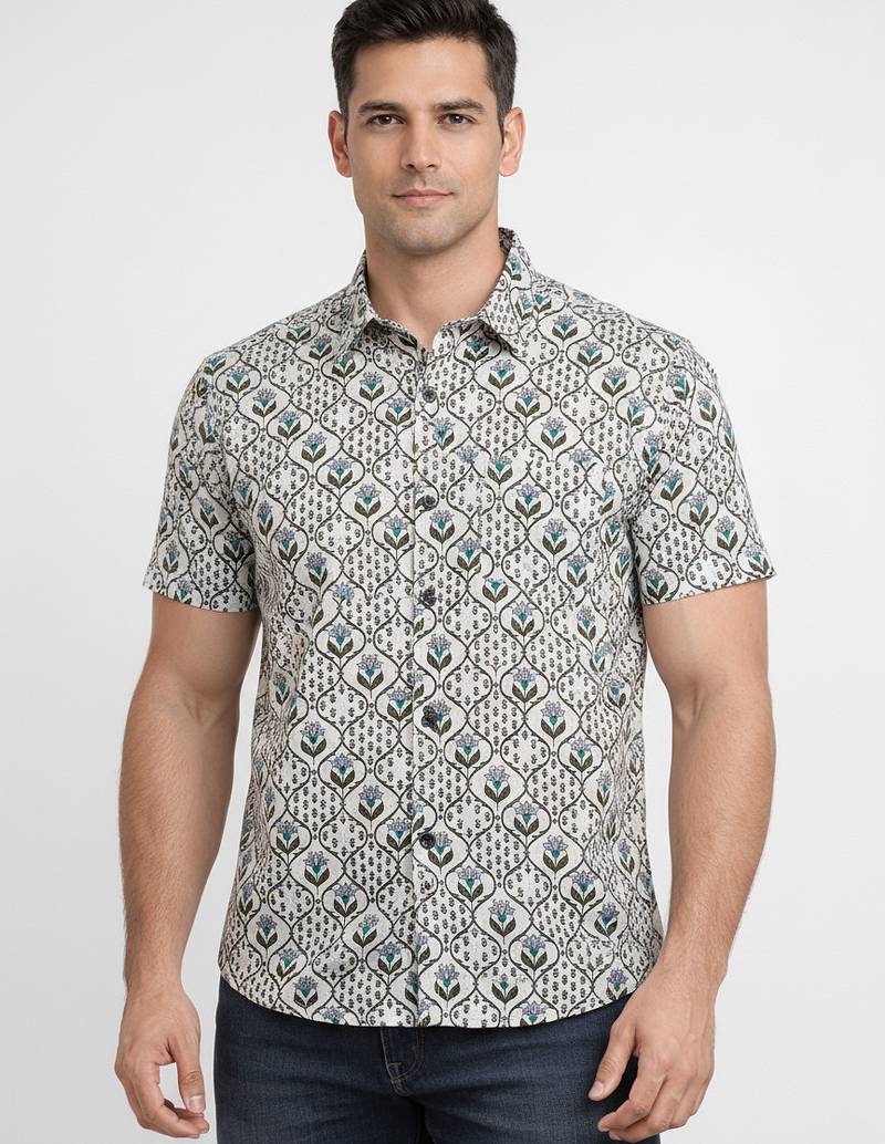 Green floral printed cotton shirt for men