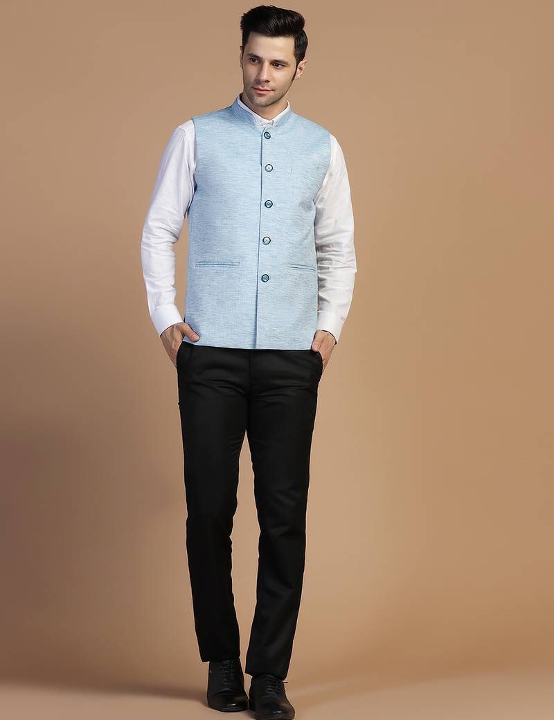 Men blue linen modi jacket