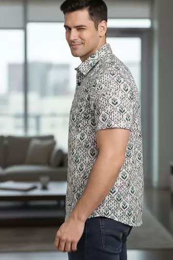 Green floral printed cotton shirt for men
