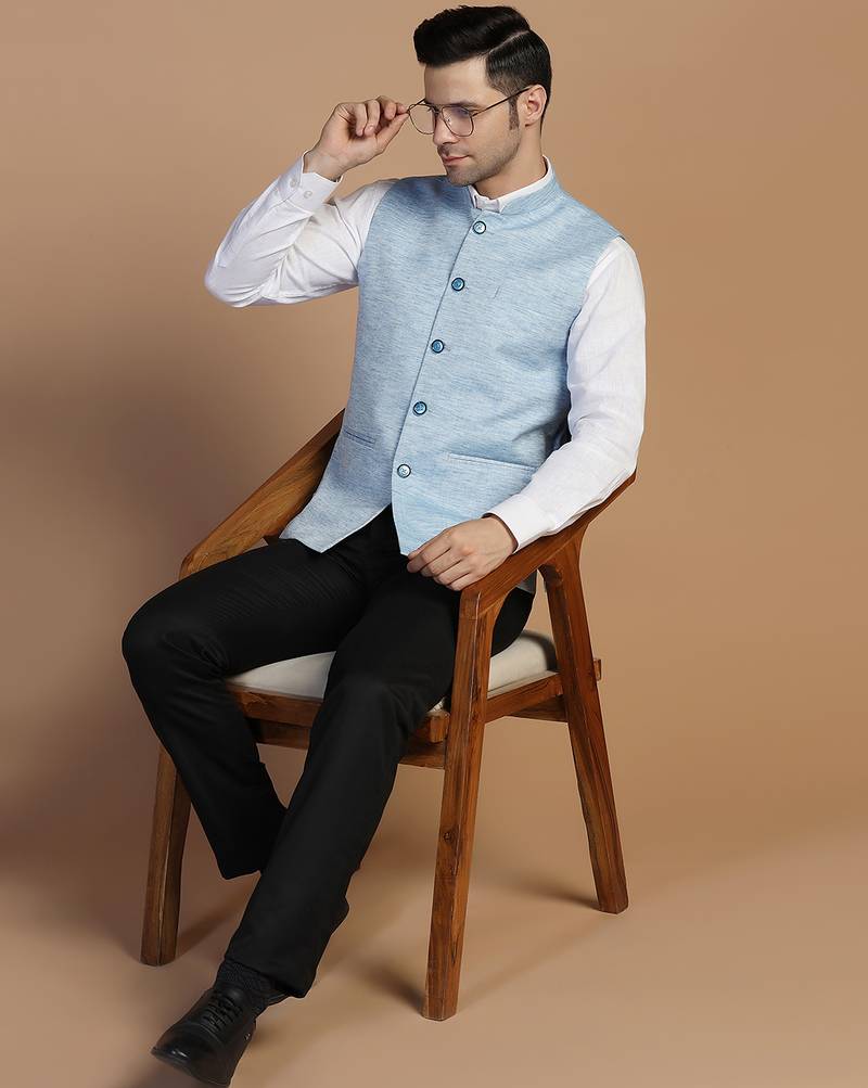 Men blue linen modi jacket